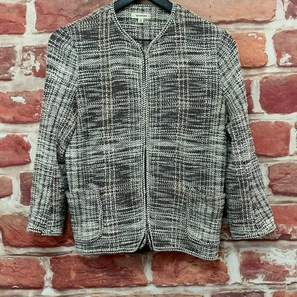 MAX STUDIO WOMEN'S WHITE & BLACK TWEED SWEATER CARDIGAN BLAZER JACKET - Picture 1 of 7